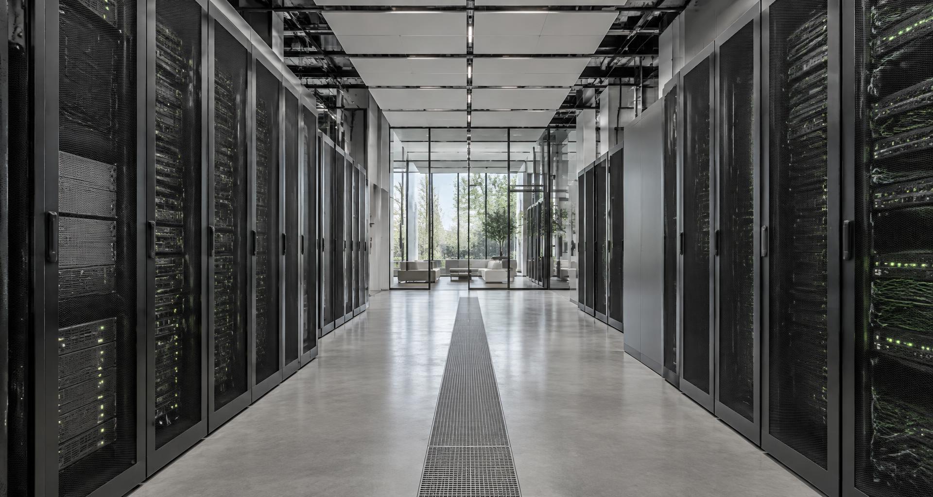 Architectural view through a contemporary data centre with server racks and integrated infrastructure